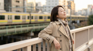 仕事帰りに電車を眺めながらホッと一息ついている、トレンチコートを着た日本人女性