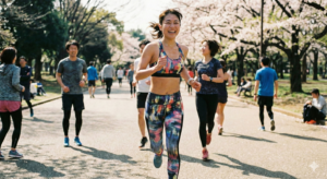 春の陽気の中、心身のリフレッシュのために楽しくランニングをする女性のイメージ