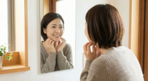 高円寺の鍼灸サロン悠禅｜美容鍼の施術後、鏡を見て効果を実感し笑顔になる女性