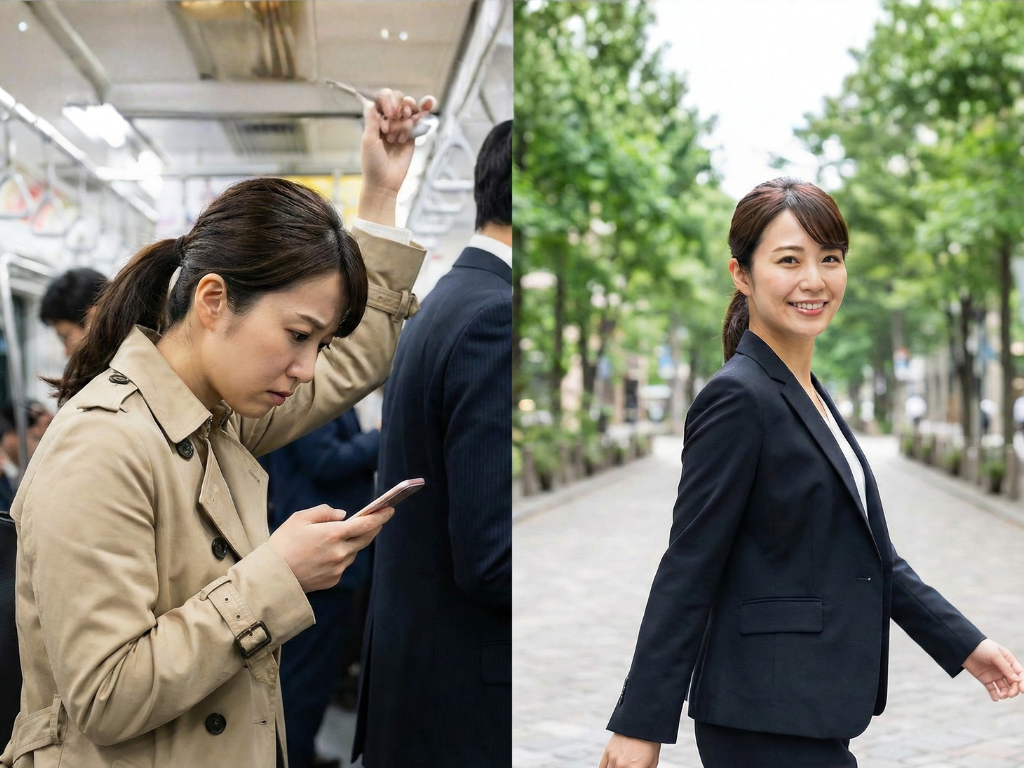 高円寺・中野の猫背矯正・姿勢改善｜電車でスマホを見る猫背の女性と、背筋が伸びた自信に満ちた女性のビフォーアフター