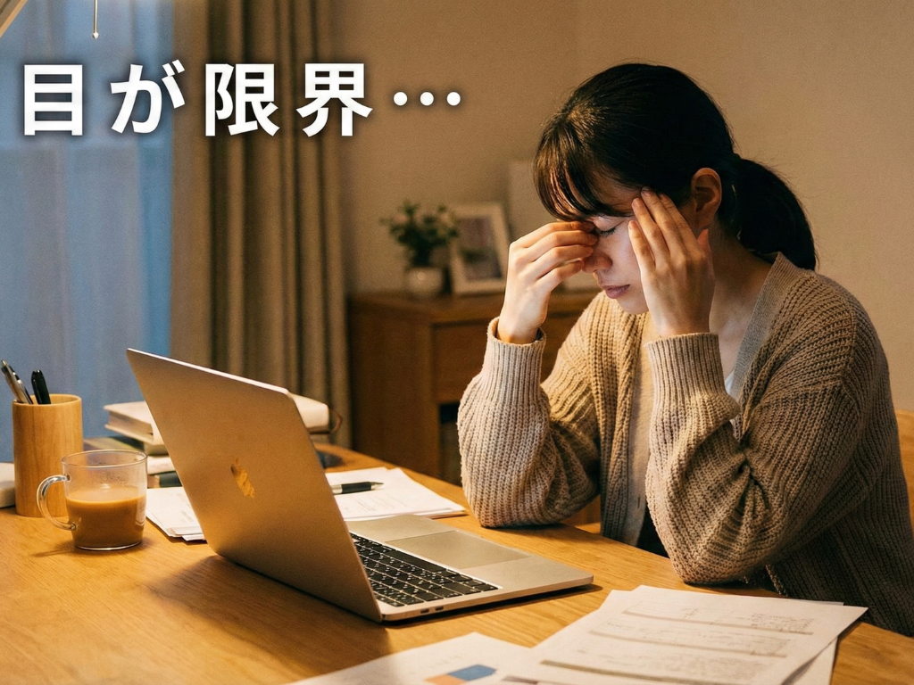 スマホやPC作業で目が疲れ、こめかみを押さえる女性のイメージ
