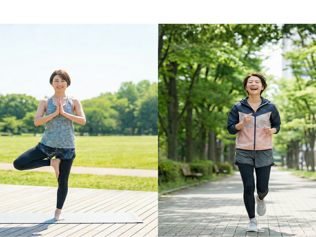 身体のメンテナンスを行い、趣味のヨガやランニングで汗を流す健康的な女性のイメージ