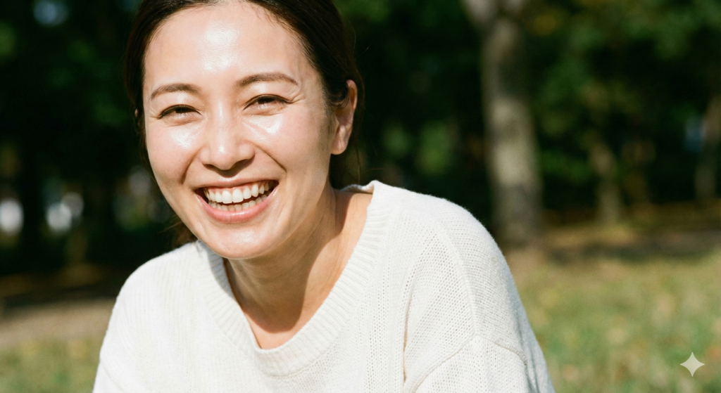 高円寺・中野の美容鍼｜肌のハリとツヤを取り戻し、満面の笑みを浮かべる30代女性