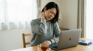 「首が回らない…」寝違えからくる首の痛みや重だるさを感じている女性のイメージ