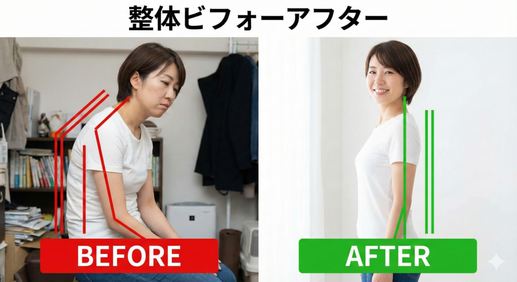 【姿勢不良の基礎知識】猫背・巻き肩の改善ビフォーと、整体施術後の美しい立ち姿のアフター比較画像