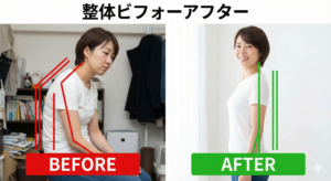 【姿勢不良の基礎知識】猫背・巻き肩の改善ビフォーと、整体施術後の美しい立ち姿のアフター比較画像