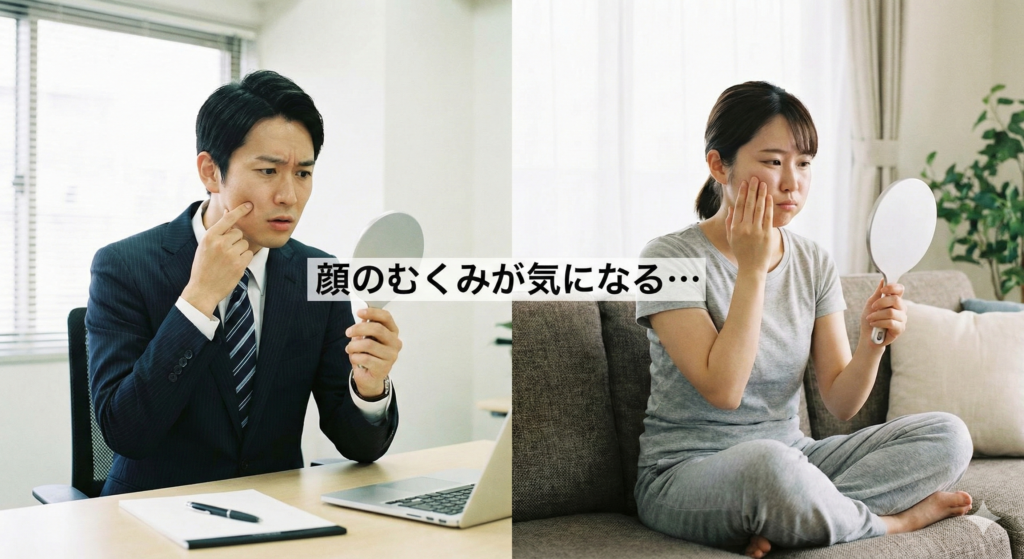 高円寺の鍼灸サロン悠禅｜鏡を見て顔のむくみを気にしている男女のアイキャッチ画像