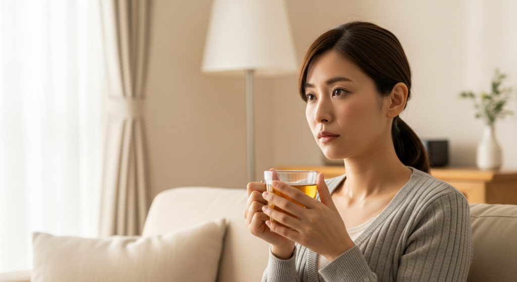 ソファで温かいお茶を飲む30代日本人女性、産後の体調変化に向き合う様子