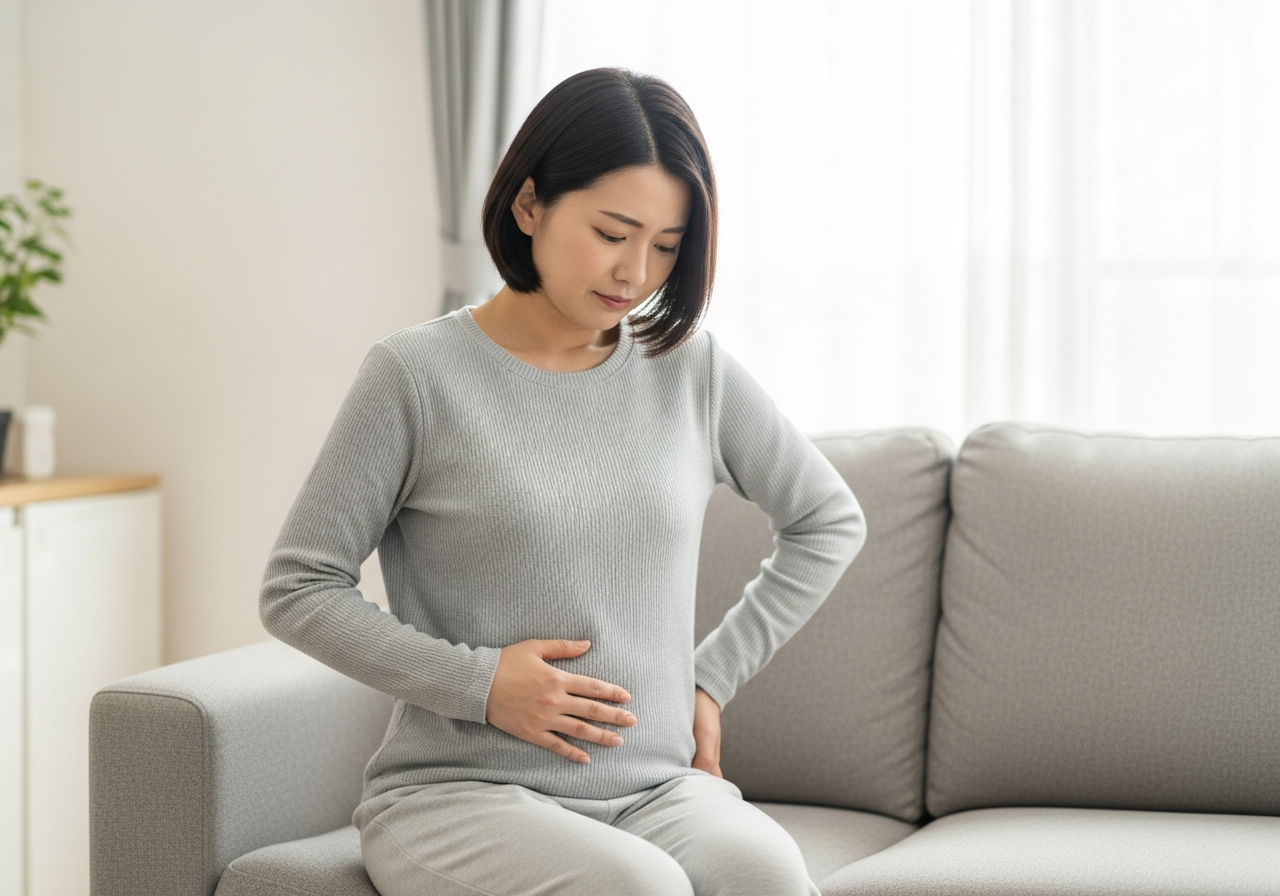 下腹部にそっと手を当てる30代日本人女性、産後の生理痛やPMSを感じる様子