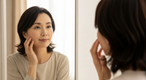 鏡を見て肌の変化を感じる40代の日本人女性