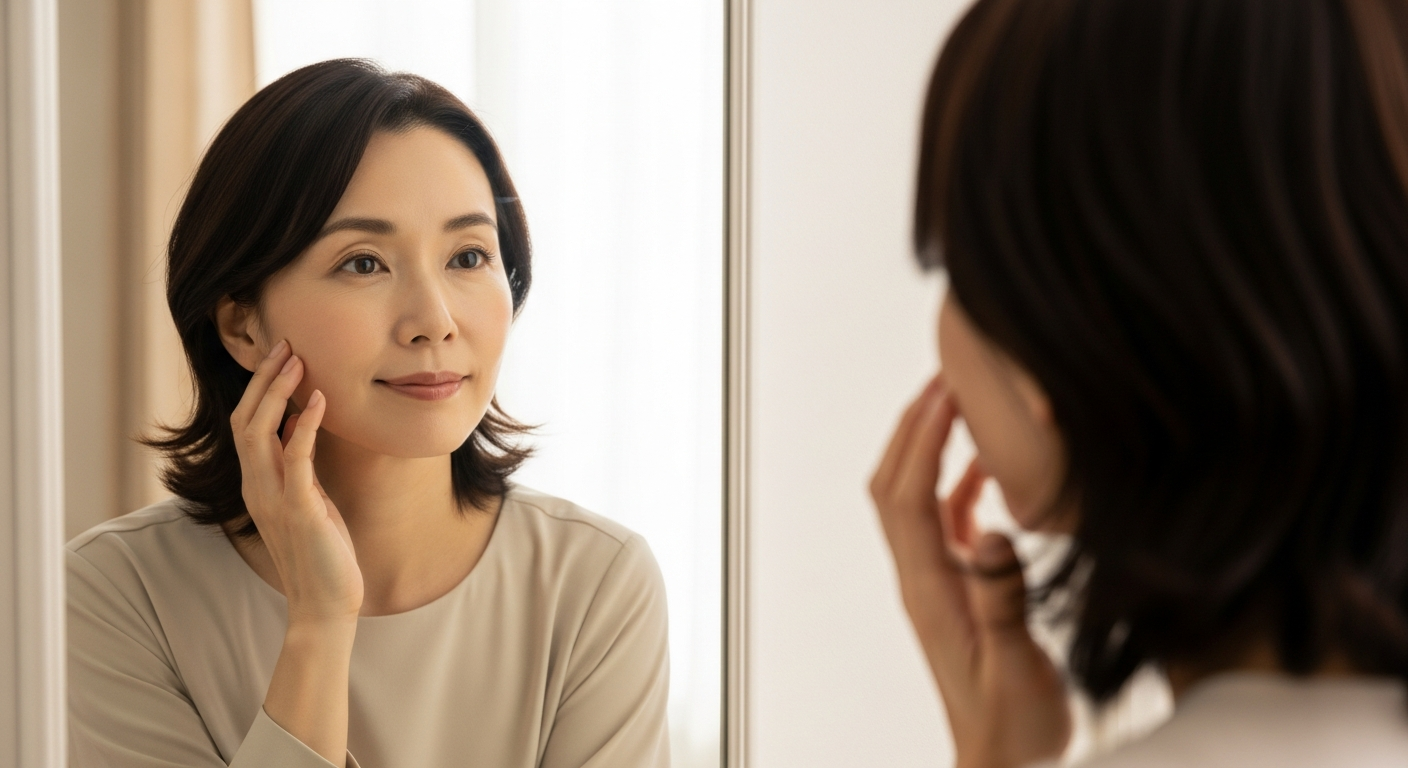 鏡を見て肌の変化を感じる40代の日本人女性