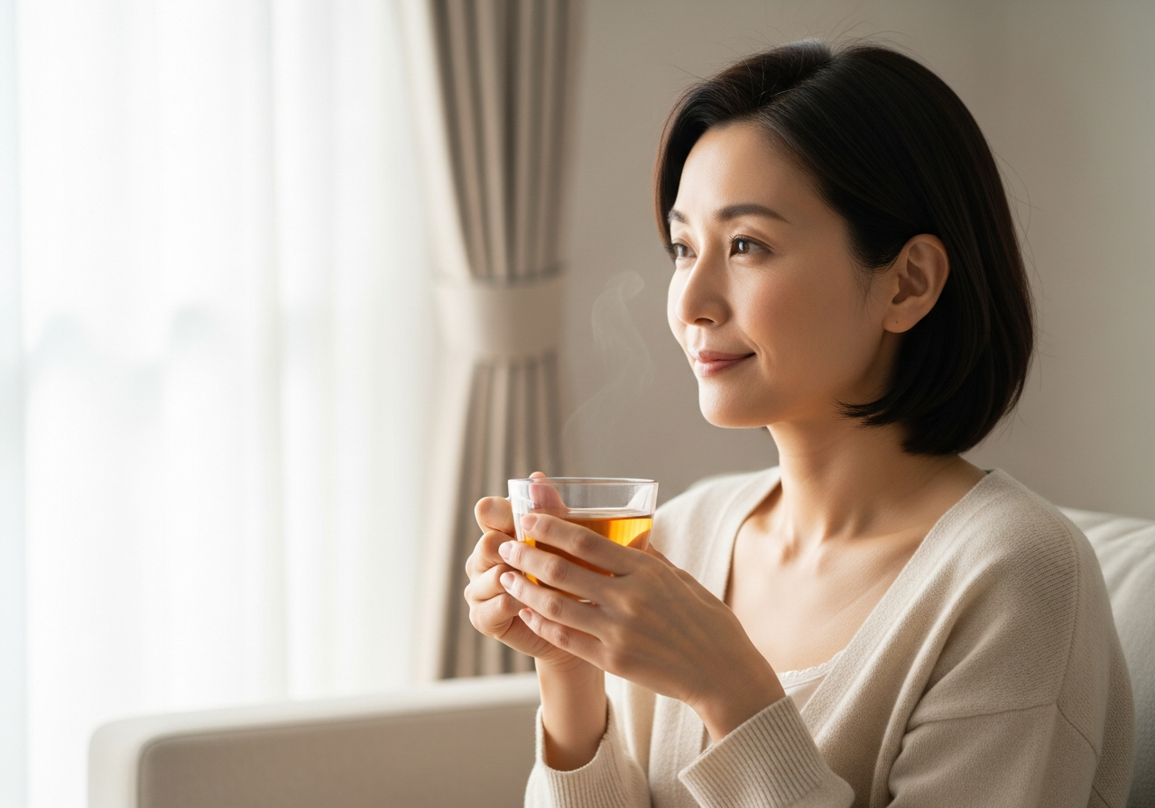温かいお茶を手に穏やかに過ごす40代日本人女性の様子