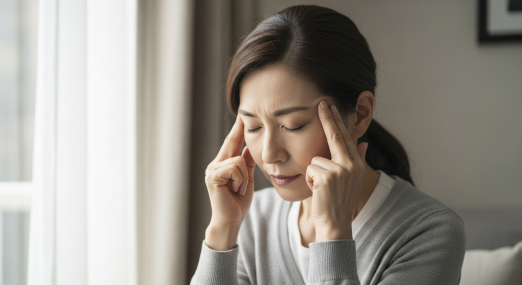 こめかみを押さえて頭痛に悩む50代の日本人女性