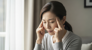 こめかみを押さえて頭痛に悩む50代の日本人女性