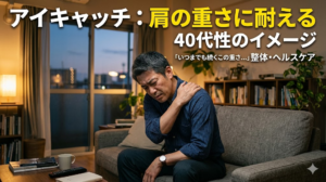 夜のリビングで肩を押さえてつらそうにする男性。慢性的な肩こりに悩む様子を表すアイキャッチ