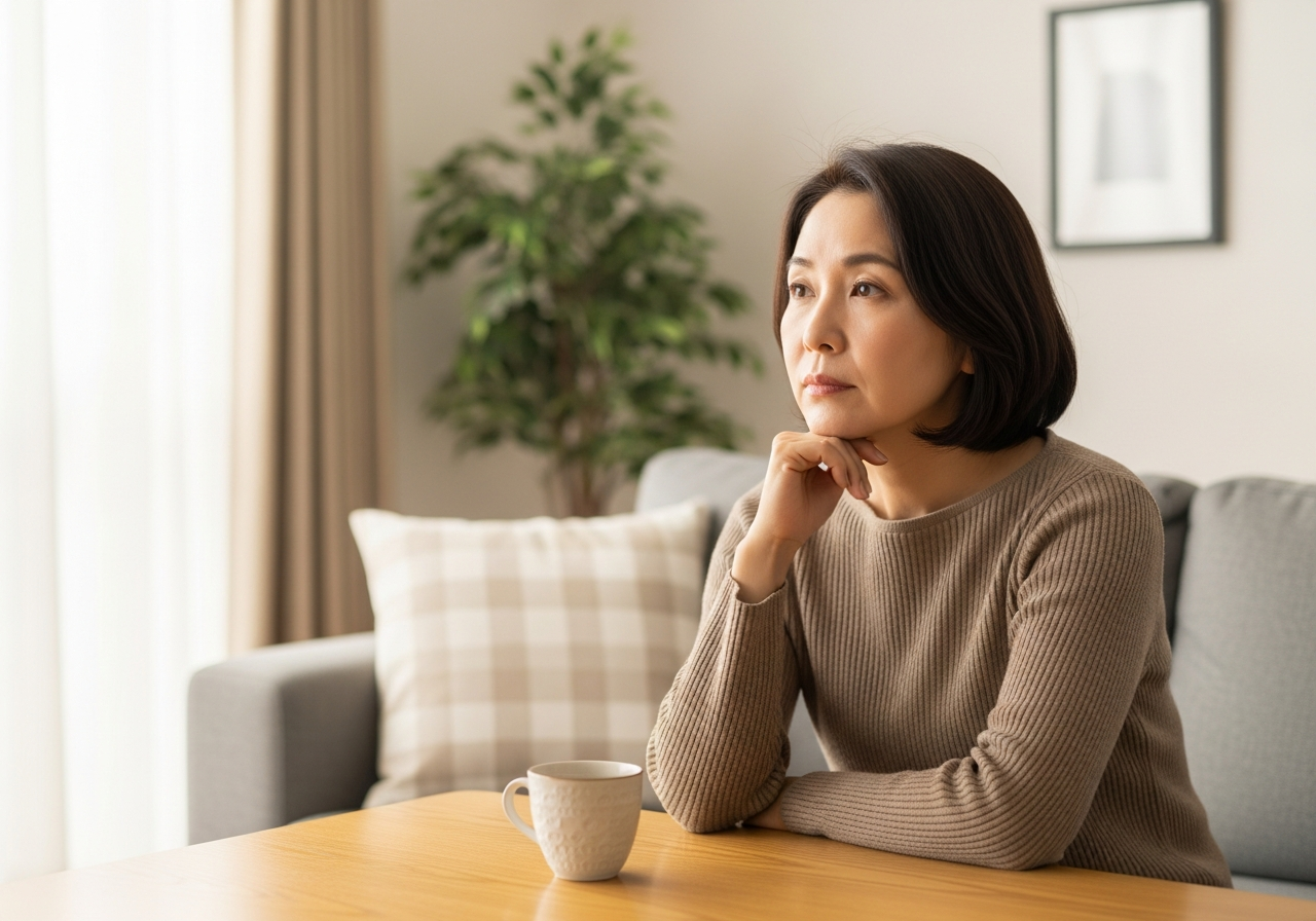 更年期で自律神経の乱れを感じる50代日本人女性のリビング風景
