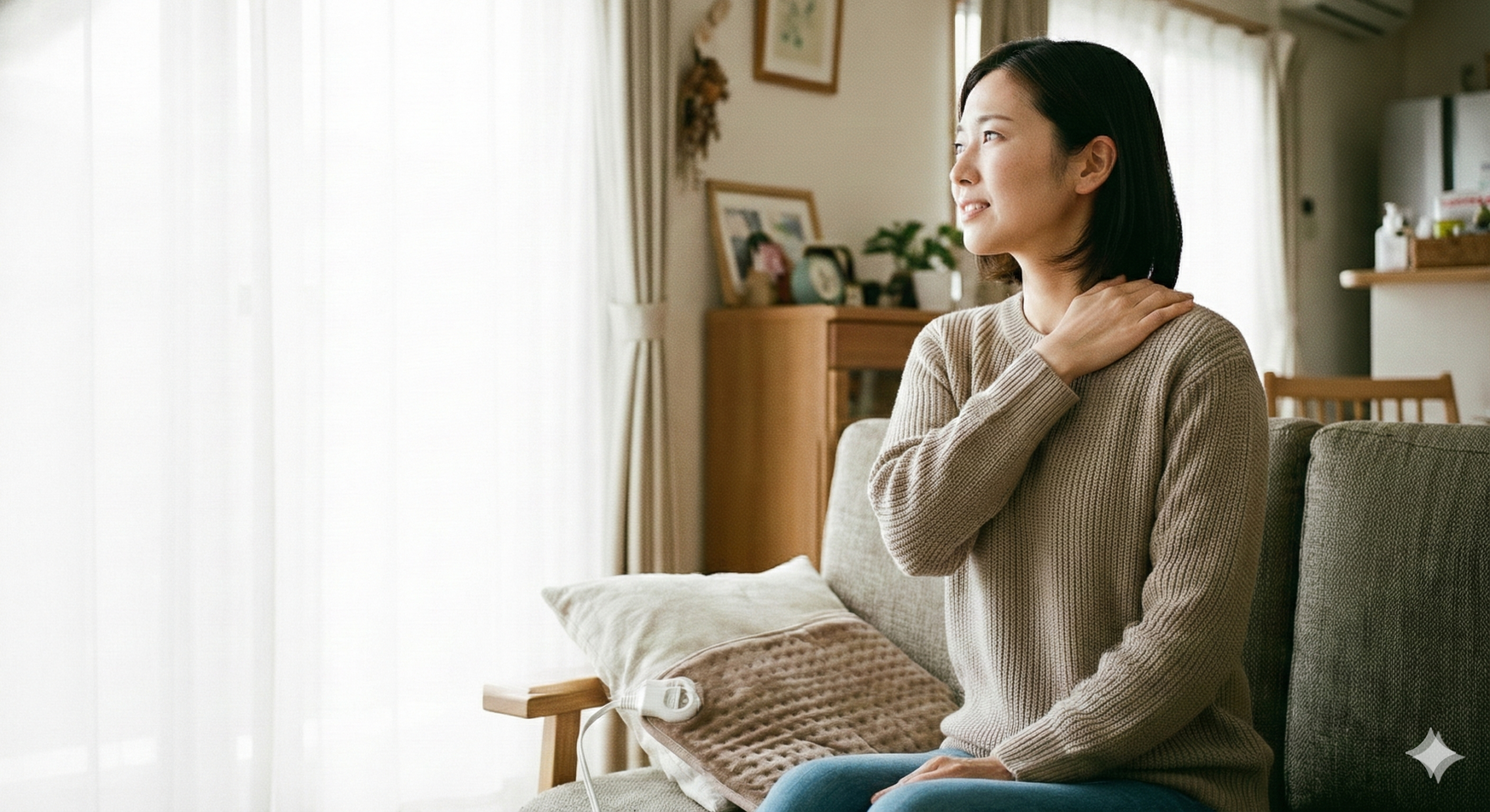 ソファで肩を押さえる女性。東洋医学で見る肩こりの原因と気血の巡りの乱れをイメージ