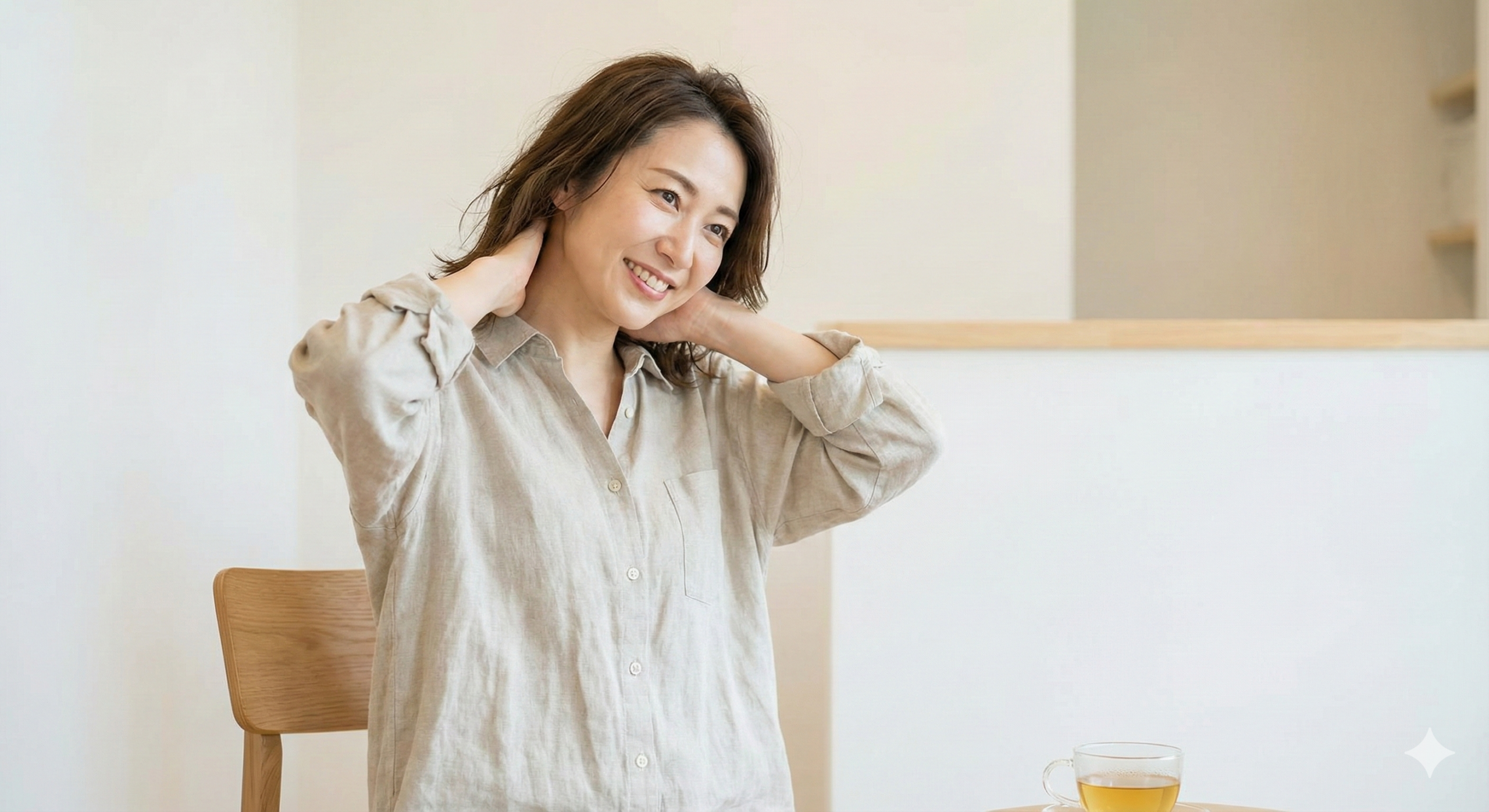 首の後ろに手を当てる女性。肩井や風池など自宅で押せる肩こりのツボをセルフケアする様子