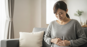 生理痛で下腹部に手を当てる20代の日本人女性