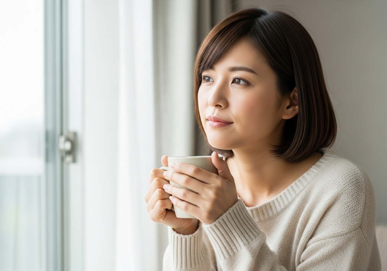 PMSの不調を感じ窓辺で温かい飲み物を手にする20代女性