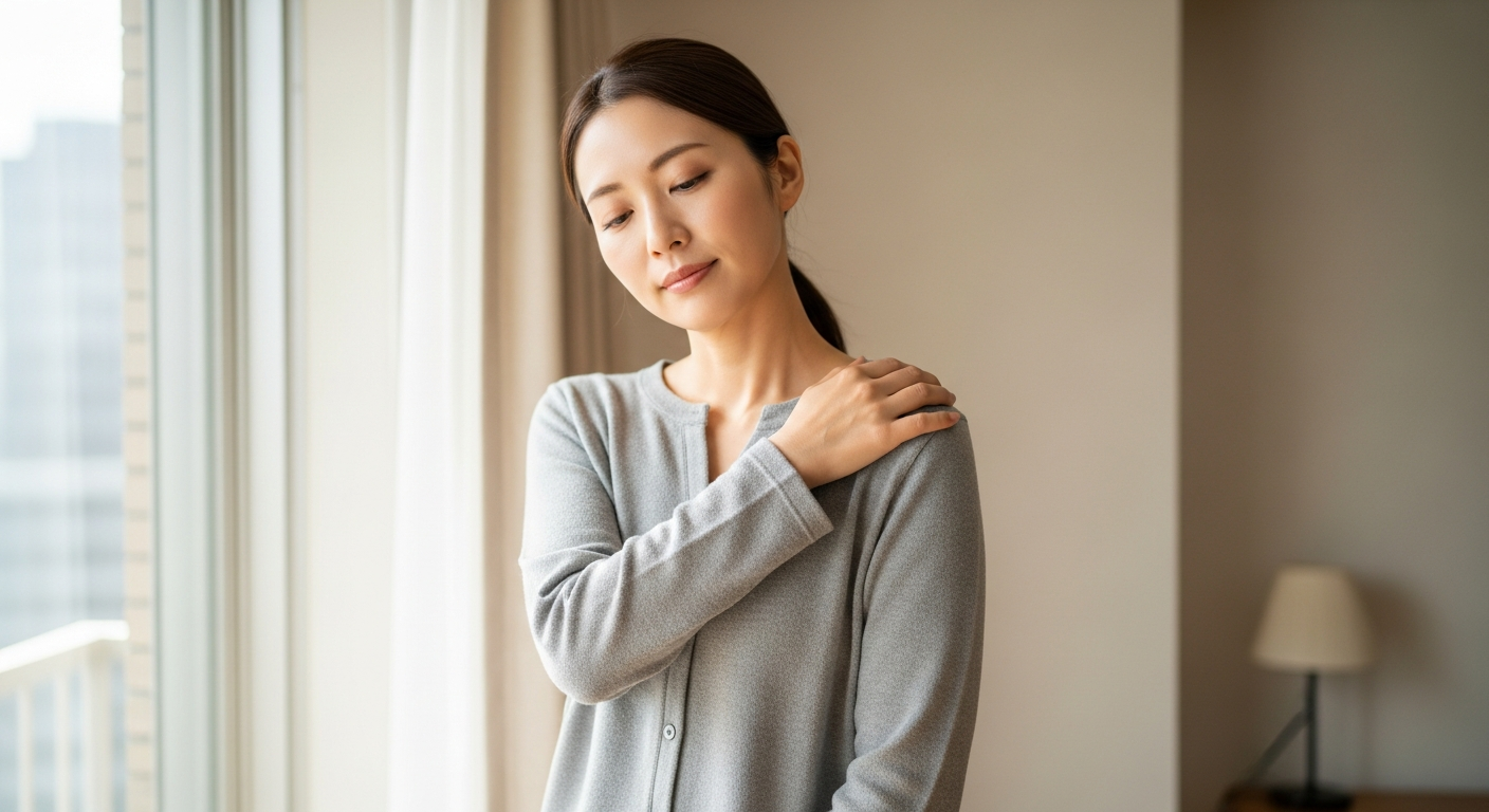 朝の光の中で疲れを感じる30代の日本人女性