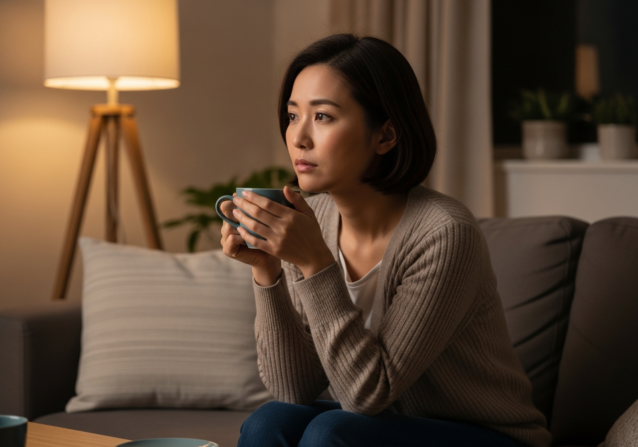 夜にお茶を手に疲労や自律神経の乱れを感じる30代女性