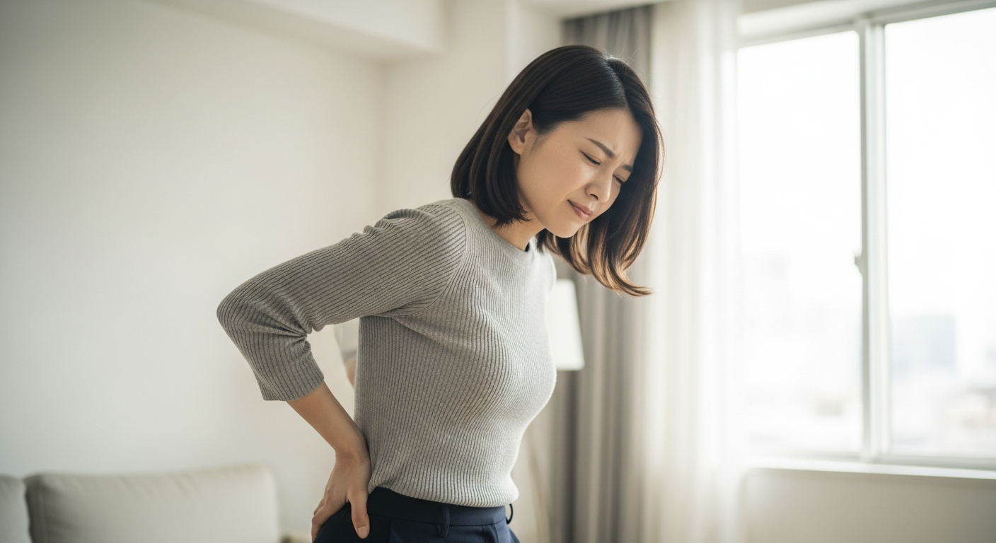 ぎっくり腰で腰を押さえてつらそうにする30代の日本人女性