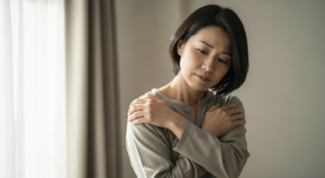 肩に手を当てて疲れた表情を見せる40代の日本人女性