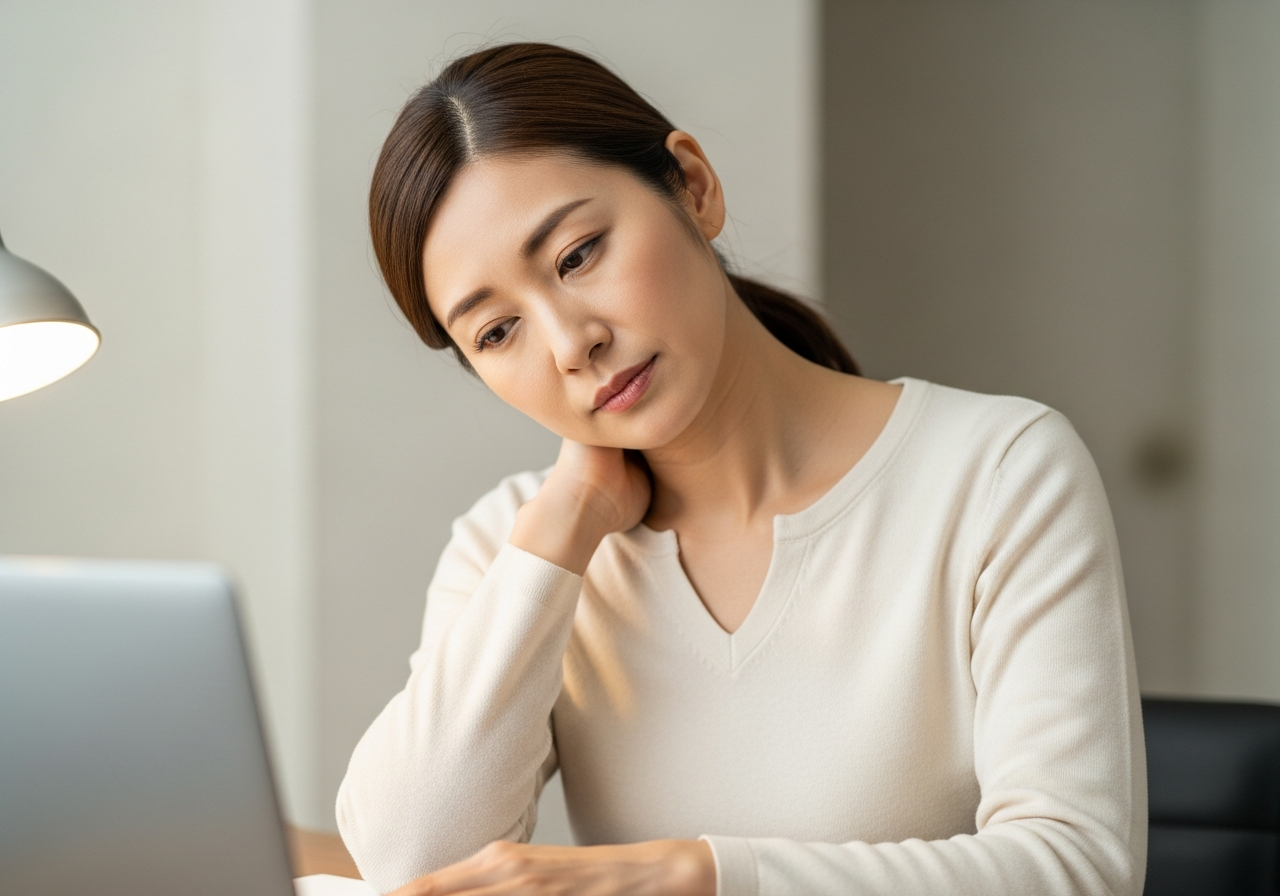 デスクワークで肩や首のこりに悩む40代の日本人女性