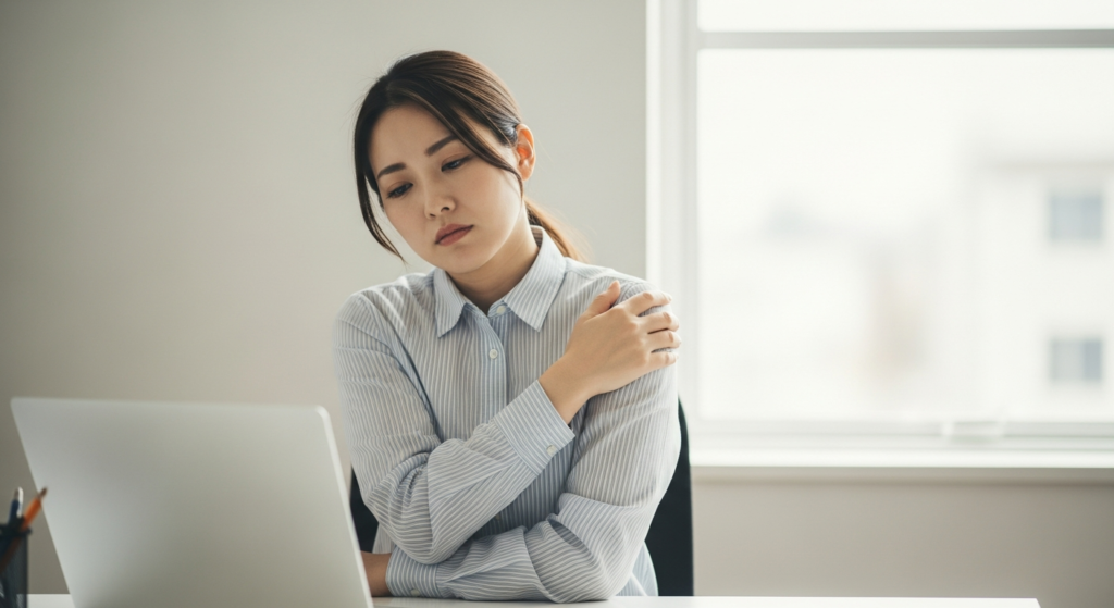 デスクワーク中に肩を押さえて疲れた表情を見せる30代日本人女性
