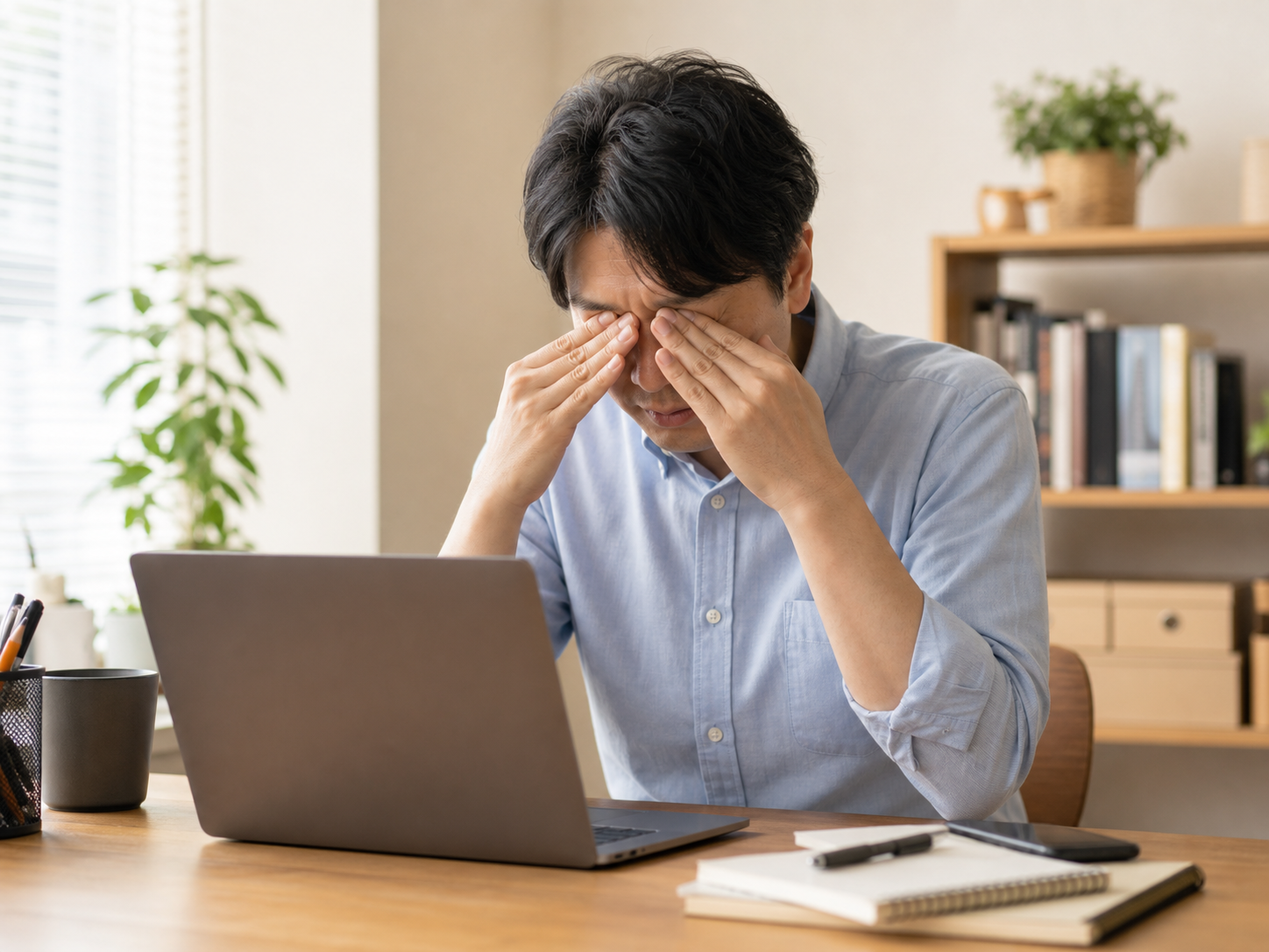 眼精疲労による日常のつらさを感じる人のイメージ