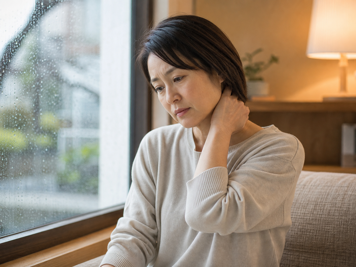 雨の日の頭痛による日常のつらさを感じる人のイメージ