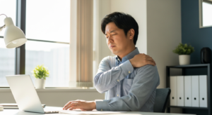デスクワークで肩こりに悩む30代の日本人男性