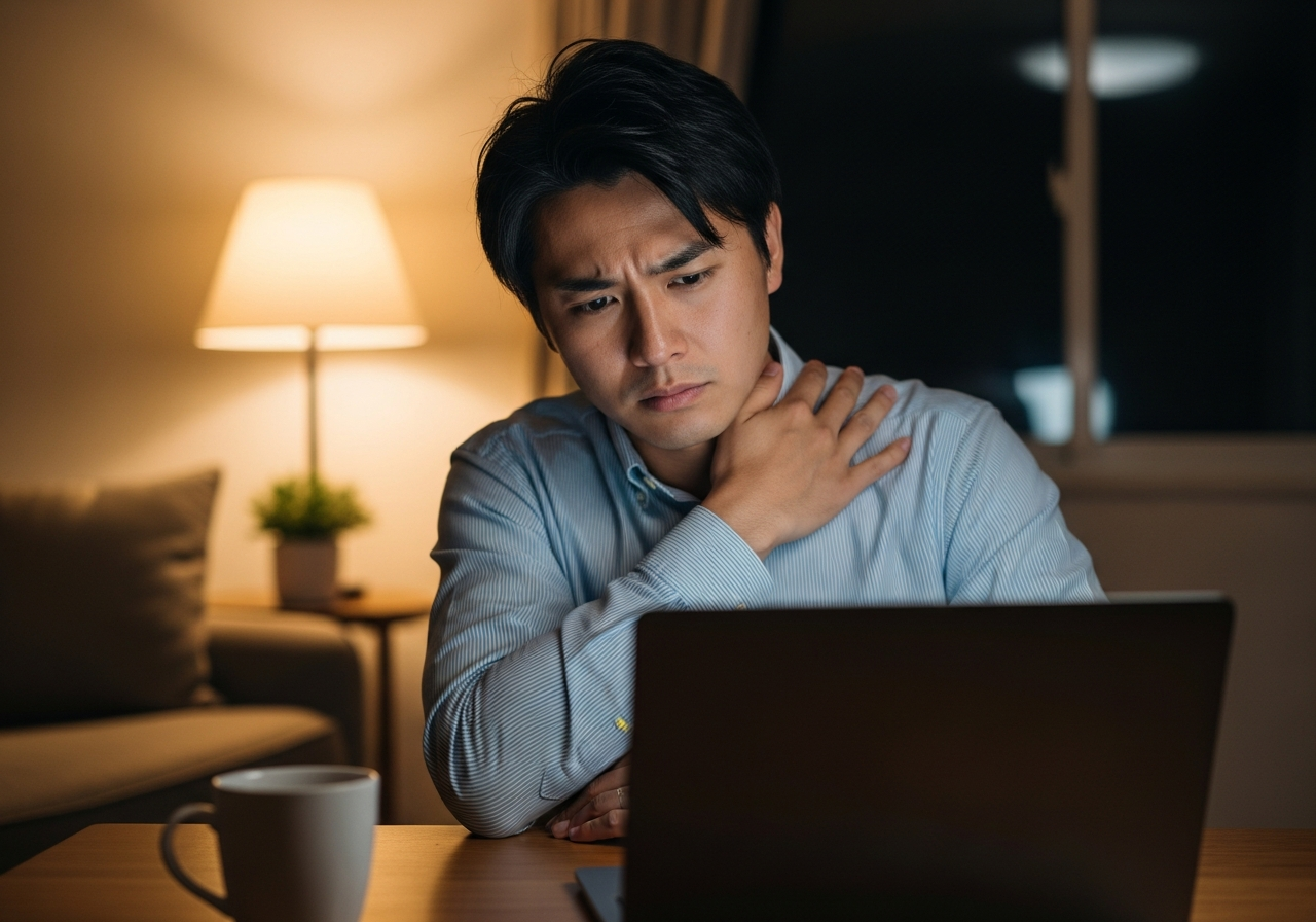 ストレスとデスクワークで肩こりを感じる30代日本人男性