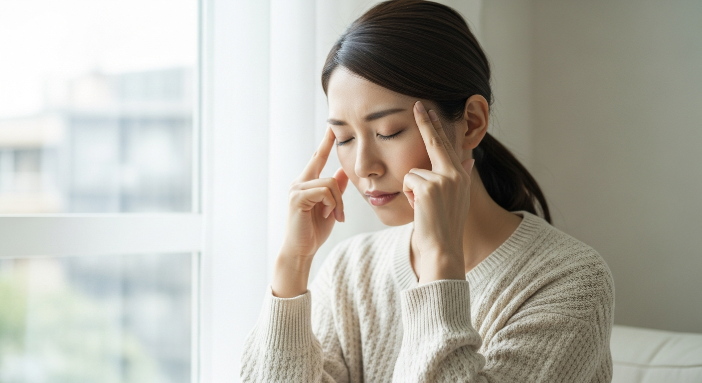 こめかみを押さえて頭痛に悩む30代の日本人女性