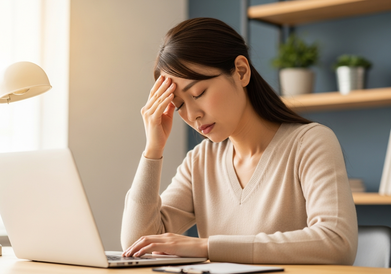 眼精疲労とストレスで頭痛を感じる30代の日本人女性