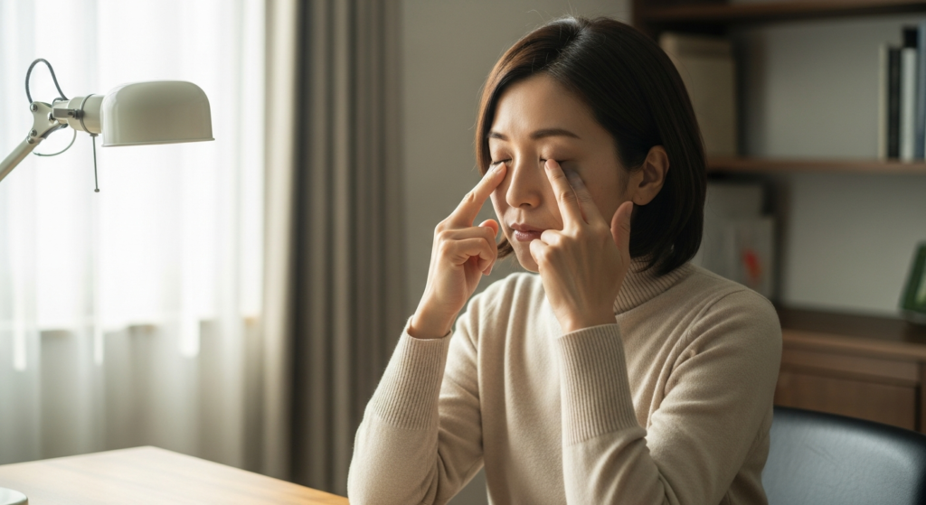 目の疲れを感じてこめかみを押さえる40代の日本人女性