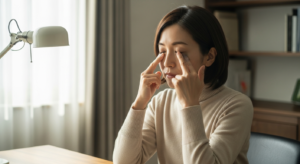 目の疲れを感じてこめかみを押さえる40代の日本人女性