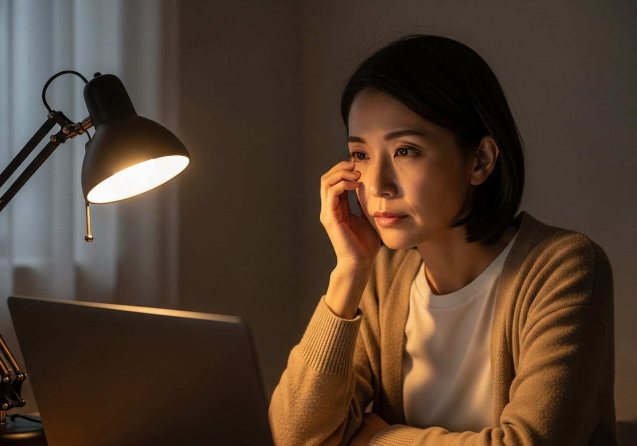 パソコン作業で眼精疲労を感じる40代の日本人女性