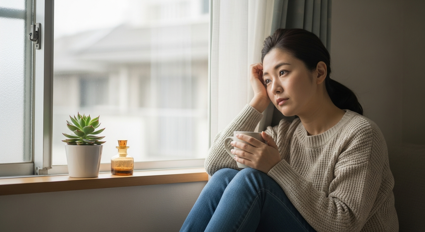 朝の窓辺でだるさを感じ物思いにふける20代の日本人女性