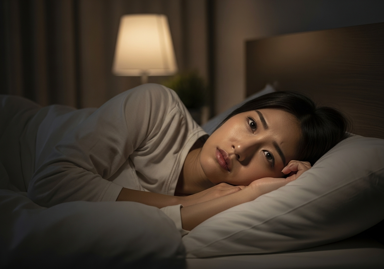 夜眠れずベッドで天井を見つめる20代女性の様子
