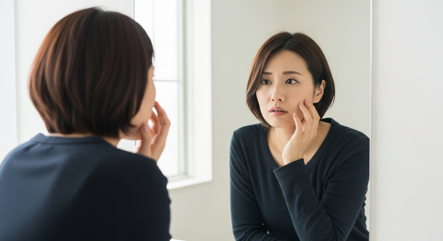 鏡を見て肌のくすみやたるみを気にする30代の日本人女性