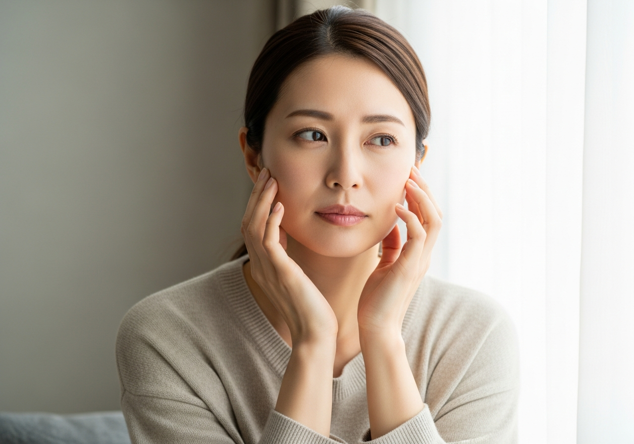 肌のくすみや疲れを感じ頬に手を当てる30代の日本人女性