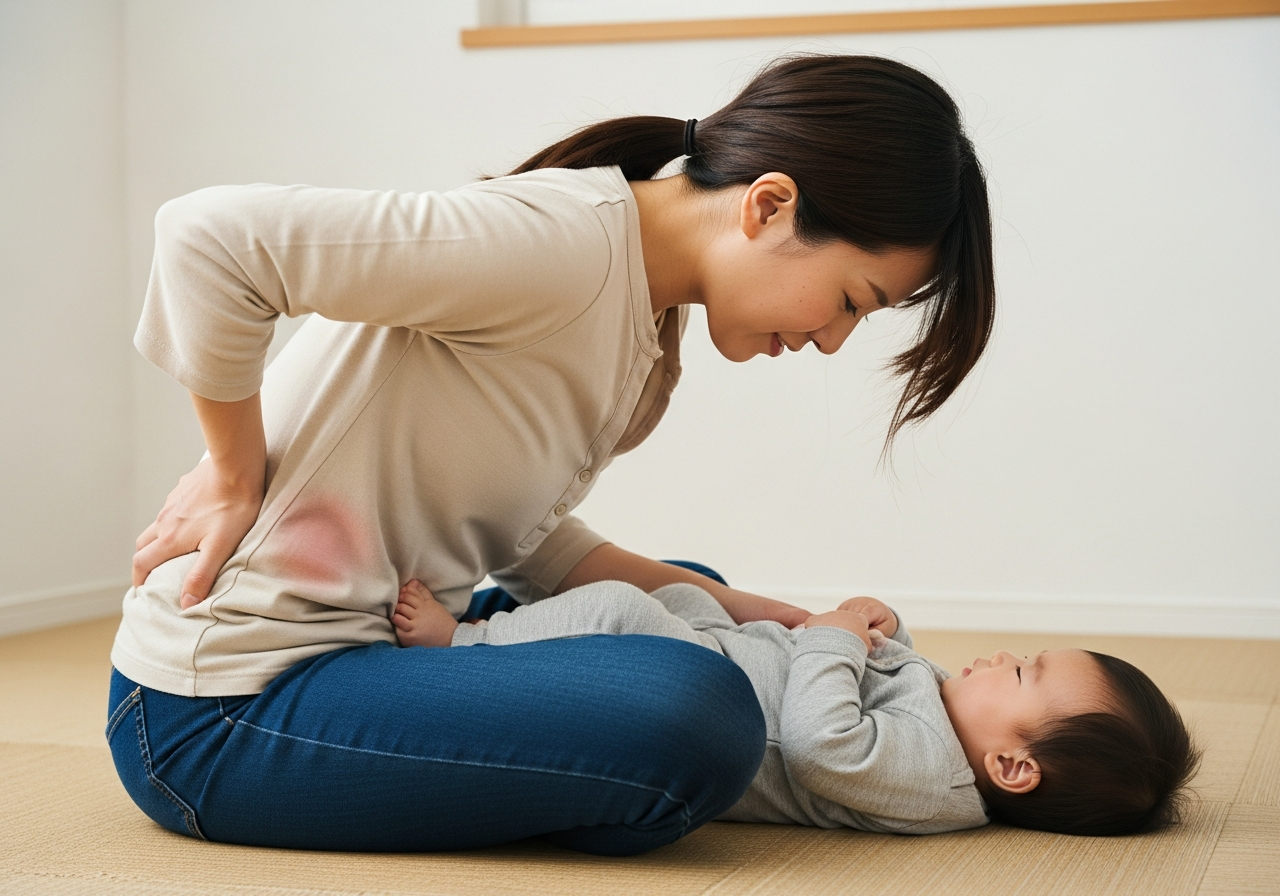 床で赤ちゃんの世話をしながら腰に負担がかかる産後の30代女性