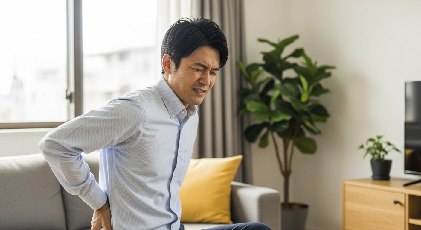 腰を押さえて痛みに顔をしかめる40代の日本人男性