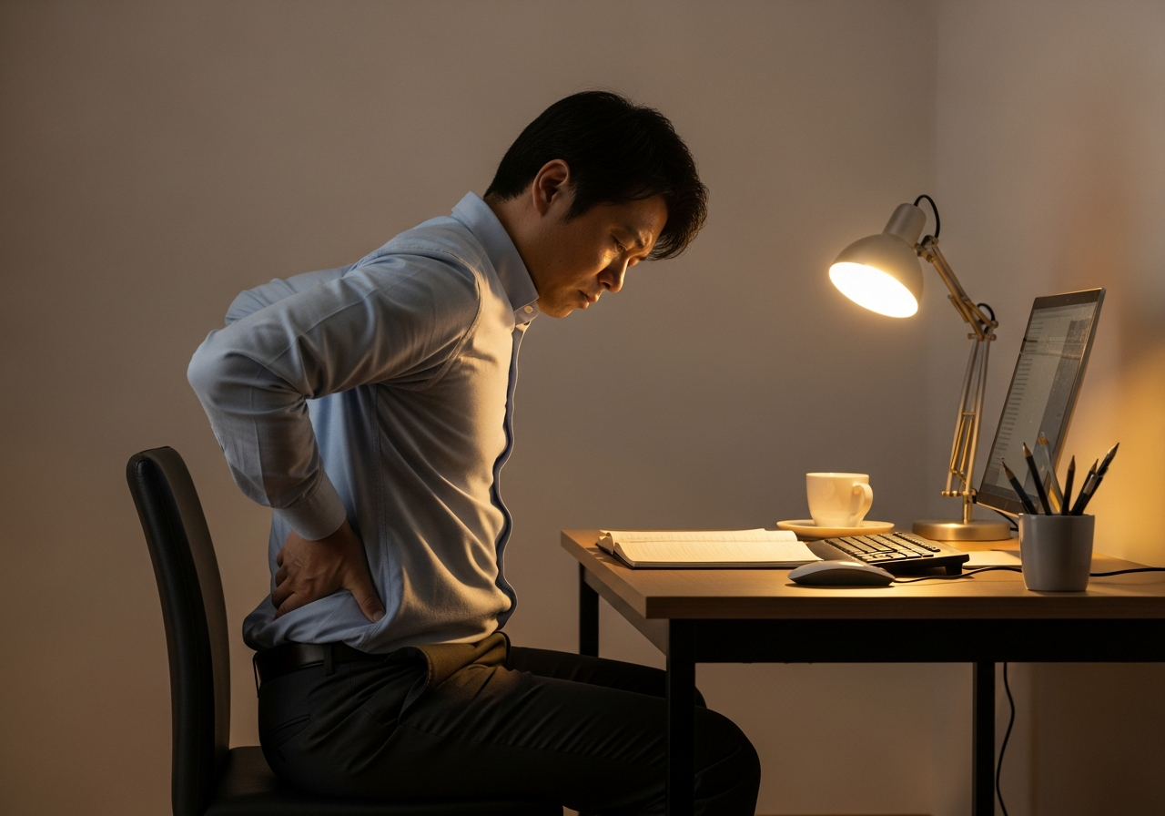疲労やストレスで腰の不調を感じる40代の日本人男性