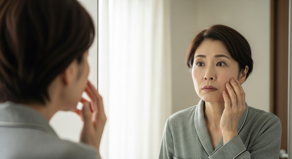 鏡の前で顔のむくみを気にする50代の日本人女性
