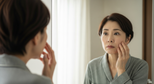 鏡の前で顔のむくみを気にする50代の日本人女性