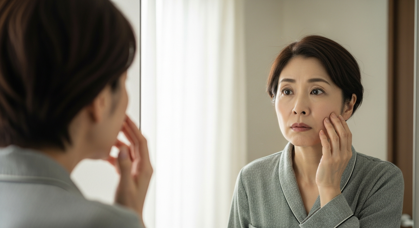 鏡の前で顔のむくみを気にする50代の日本人女性