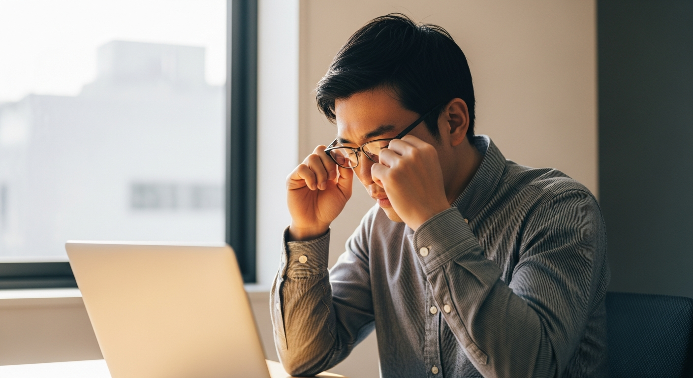 パソコン作業で眼精疲労を感じる30代の日本人男性